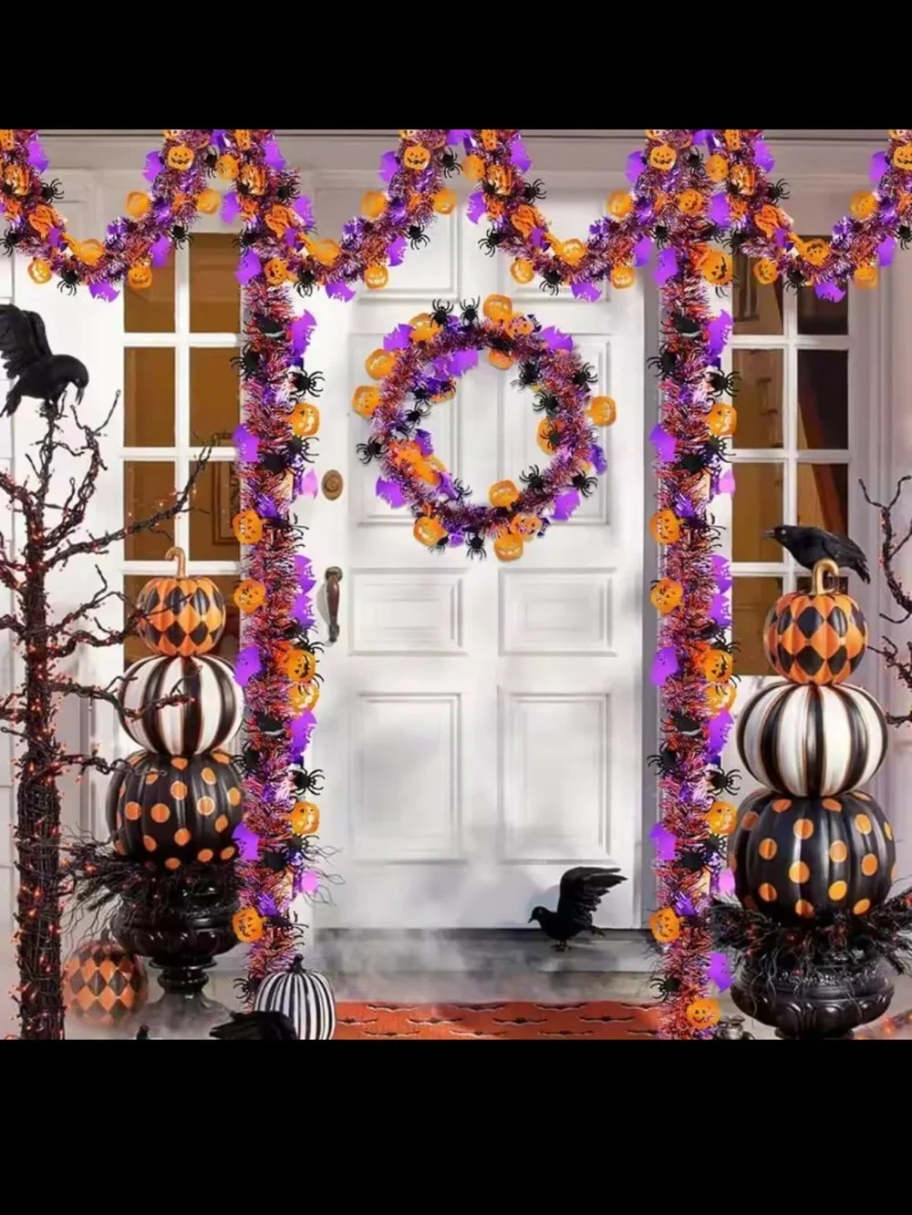 Halloween Tinsel Garland with Orange, Purple & Black Accents